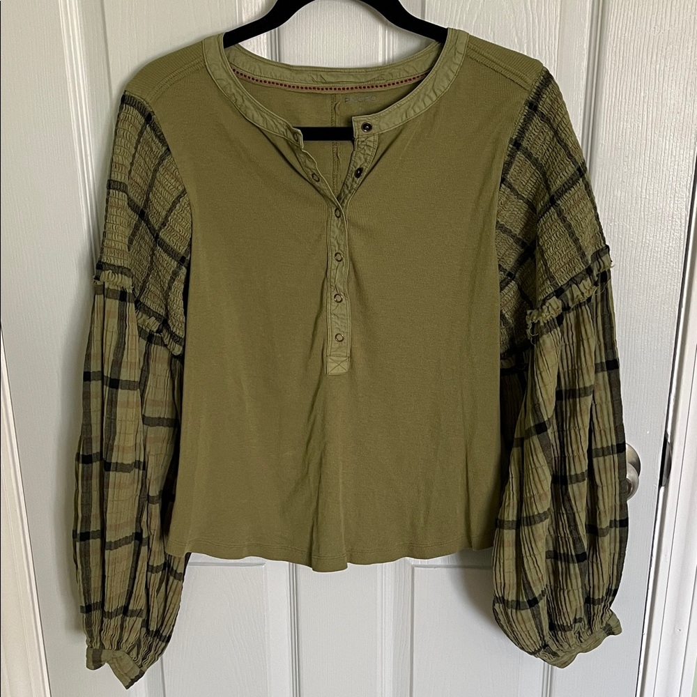 Pilcro Olive Plaid Sleeve Blouse